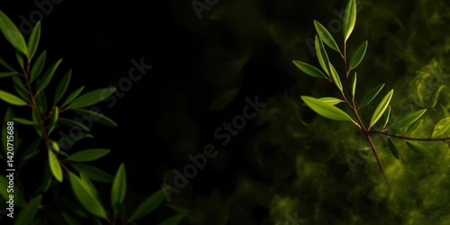 Lush Green Leaves in Dark Smoky Background Nature Botany Ecology Plants