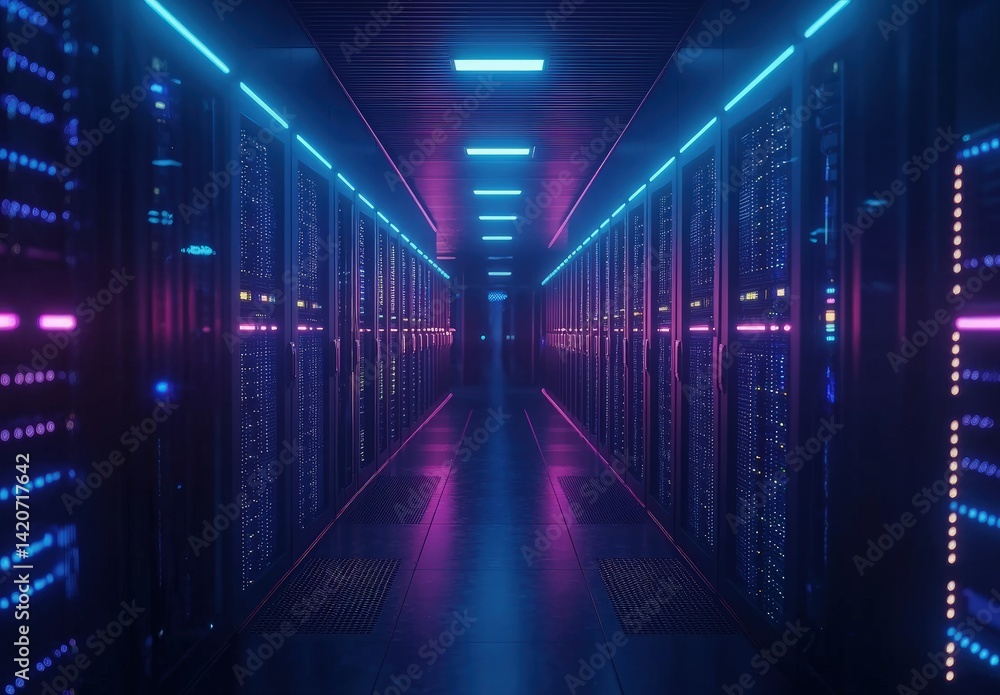 Fototapeta premium Colorful server hallway with neon pink and blue lights, sleek floor, and futuristic racks. Great for showcasing AI, cloud computing, or digital infrastructure