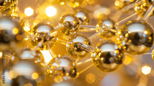 Golden nanoparticles suspended in liquid with shimmering effect, scientific research and nanotechnology concept, laboratory experiment and microscopic particles study.