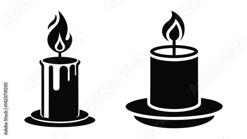 Two burning candle black silhouette on white background, set of burning candles