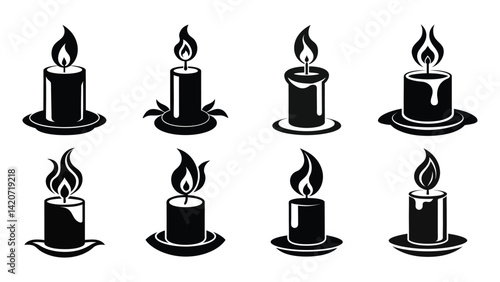 Burning candle set black silhouette on white background, set of burning candles