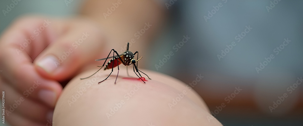 Obraz premium Close up of mosquito sucking blood from human arm illustrating pest control and medical research in health context - Photo Stock Concept with empty space on the left side.