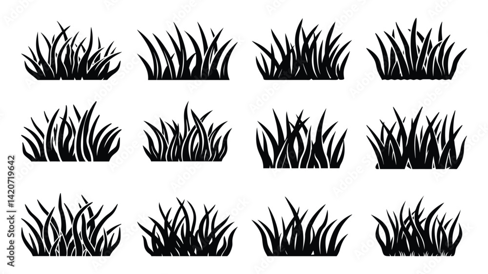 Vector set of black grass silhouettes with floral elements and leaf patterns for nature-inspired design, set of grass silhouettes Vector set of black grass silhouettes with floral elements and leaf patterns for nature-inspired design, set of grass silhouettes