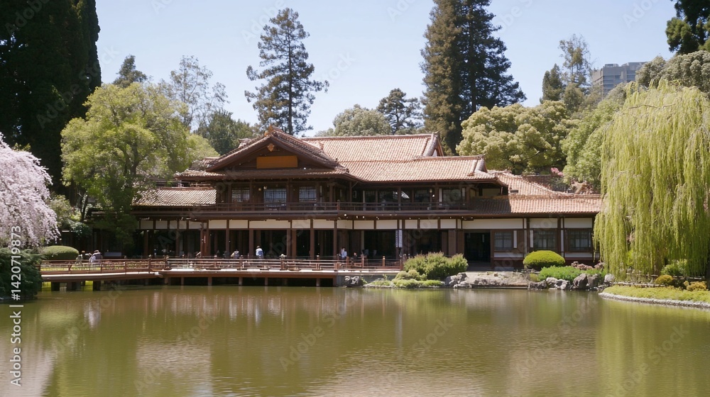 Japanese Garden Pavilion Pond Spring Tourists Japanese Garden Pavilion Pond Spring Tourists