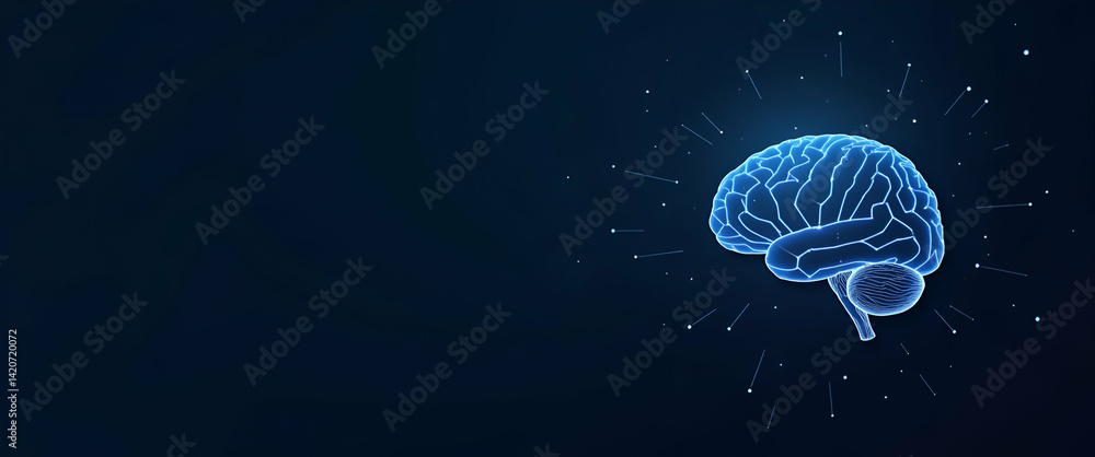 Low Poly Brain Symbolizing Wisdom: Abstract Vector Image of Human Brain in Wireframe Blue Illustration with Lines and Dots on Dark Background - Photo Stock Concept Low Poly Brain Symbolizing Wisdom: Abstract Vector Image of Human Brain in Wireframe Blue Illustration with Lines and Dots on Dark Background - Photo Stock Concept