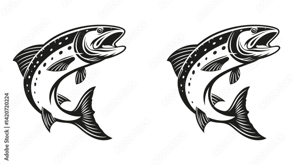 Silhouette of a monster trout fish set, black and white fish vector set Silhouette of a monster trout fish set, black and white fish vector set