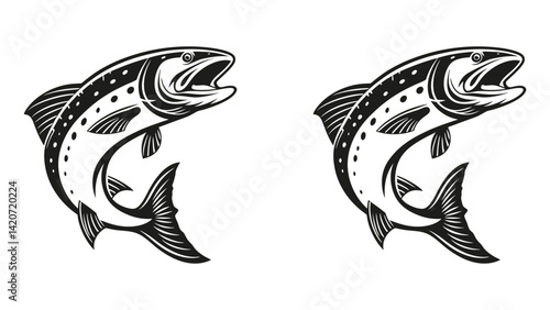 Silhouette of a monster trout fish set, black and white fish vector set