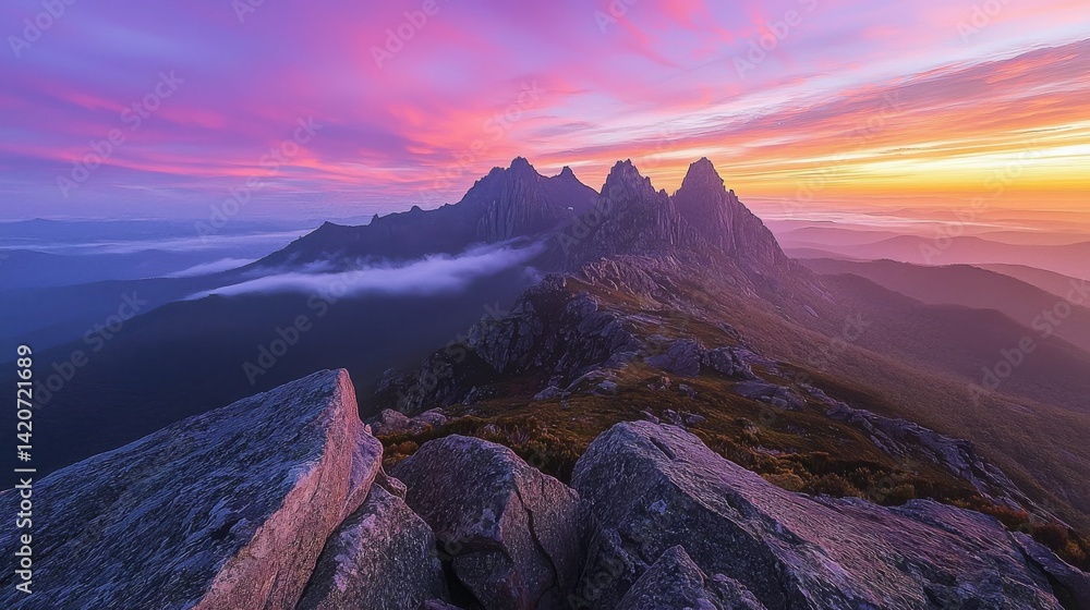 Obraz premium captivating image of a dramatic sunrise over rugged mountain peaks, with mist rolling through the valleys, and the sky painted in vibrant shades of red and purple