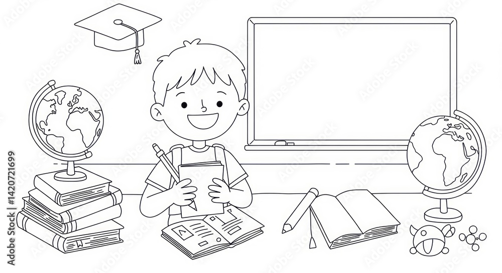 Cheerful Student Boy Studying with Books and Globe in Classroom Illustration Cheerful Student Boy Studying with Books and Globe in Classroom Illustration