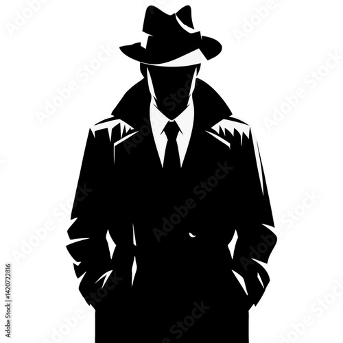 Mysterious man in trench coat and fedora hat, noir detective silhouette ideal for crime novel covers and private investigator branding