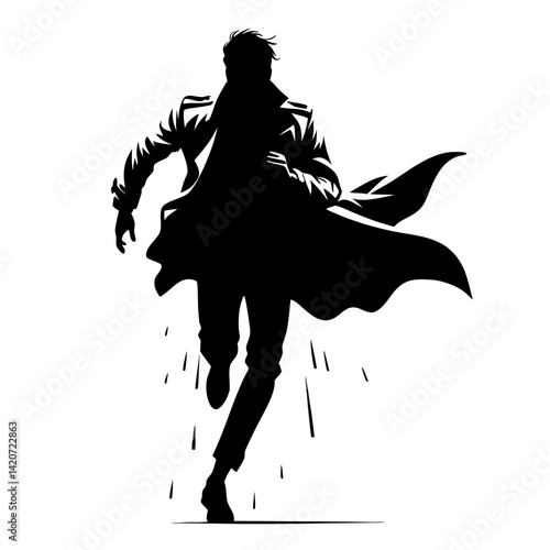 Running man in trench coat silhouette, dramatic noir-style concept for suspense story cover, action chase scene, or escape visualization