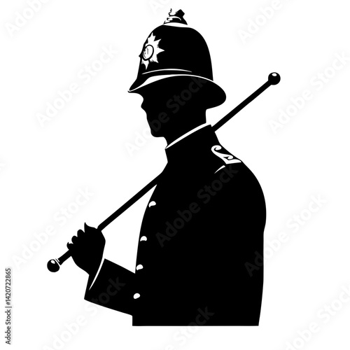 Vintage British police officer holding baton, silhouette of law enforcement figure for historical justice design or safety campaign
