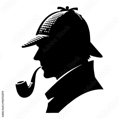 Male detective in classic deerstalker hat with smoking pipe, silhouette style for crime investigation theme, private eye agency branding