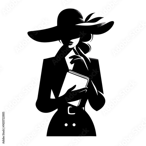 Elegant woman in wide-brim hat holding notebook, retro silhouette style illustration for book club, mystery novel, or vintage fashion concept