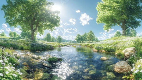Sunny meadow with a crystal clear stream. Lush green trees and flowers under a bright sky