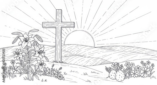 Easter Illustration Featuring Cross, Lilies, and Easter Eggs in a Sunrise Landscape