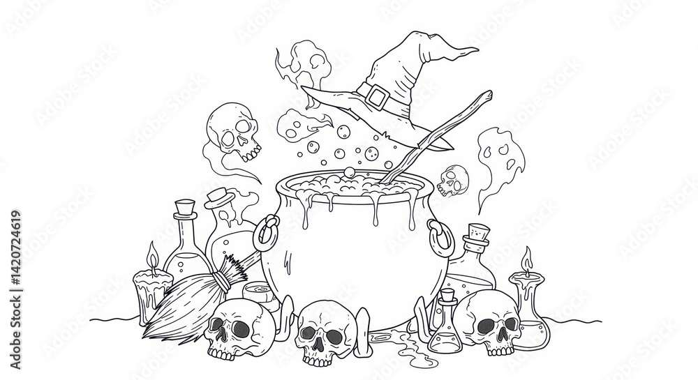 Halloween illustration of witch's cauldron bubbling with potion, surrounded by skulls and potion bottles Halloween illustration of witch's cauldron bubbling with potion, surrounded by skulls and potion bottles