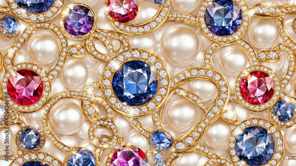 29.A seamless repeating pattern of sparkling diamonds, sapphires, rubies, and other precious stones, all linked together by delicate gold chains. Soft white pearls add texture and shine to the 29.A seamless repeating pattern of sparkling diamonds, sapphires, rubies, and other precious stones, all linked together by delicate gold chains. Soft white pearls add texture and shine to the