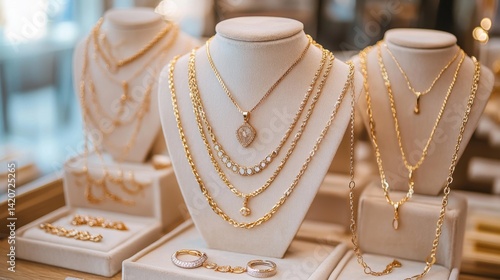 46.A collection of gold necklaces neatly arranged on a jewelry display stand. The necklaces vary in design, featuring delicate chains, bold statement pieces, and intricate link patterns. Each