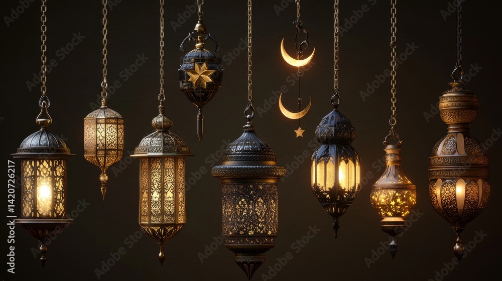 77.A collection of realistic, intricately designed Muslim ornamental lamps hanging from fine chains. The lamps are made of gold, bronze, and black metal, featuring detailed carvings and decorations, 77.A collection of realistic, intricately designed Muslim ornamental lamps hanging from fine chains. The lamps are made of gold, bronze, and black metal, featuring detailed carvings and decorations,