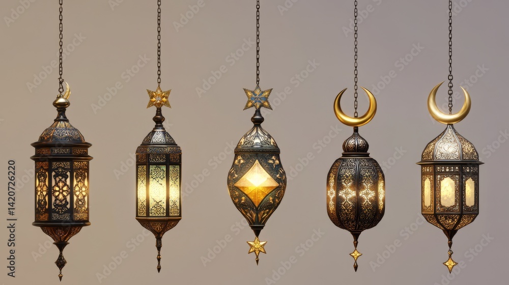 76.A set of beautifully detailed, realistic Muslim ornamental lamps hanging delicately from fine chainlets. The lamps are a mix of gold, bronze, and black metals, each with intricate designs, stars, 76.A set of beautifully detailed, realistic Muslim ornamental lamps hanging delicately from fine chainlets. The lamps are a mix of gold, bronze, and black metals, each with intricate designs, stars,