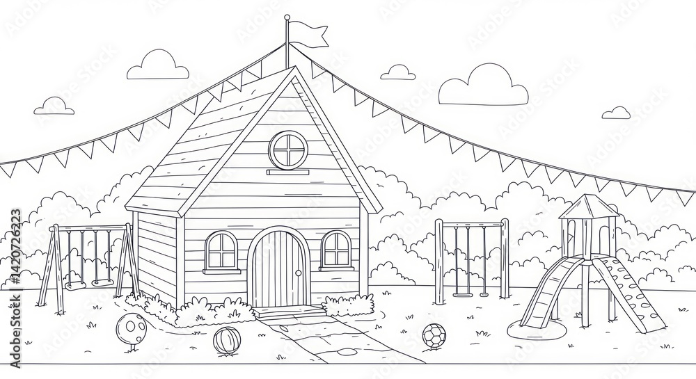 Fototapeta premium Line art illustration of a playground with playhouse, swings, and slide for coloring book