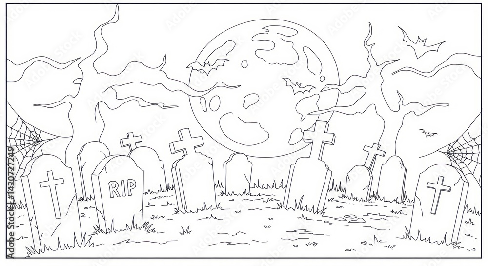 custom made wallpaper toronto digitalSpooky Halloween graveyard coloring page with tombstones, bats, moon and trees