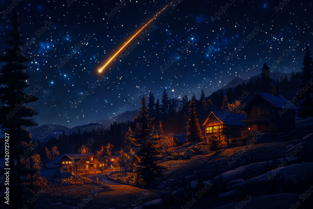 Fototapeta premium It twinkled like a meteor in the dark night sky, illuminating for a moment the quiet trees and houses of a small town nestled in vast farmland.