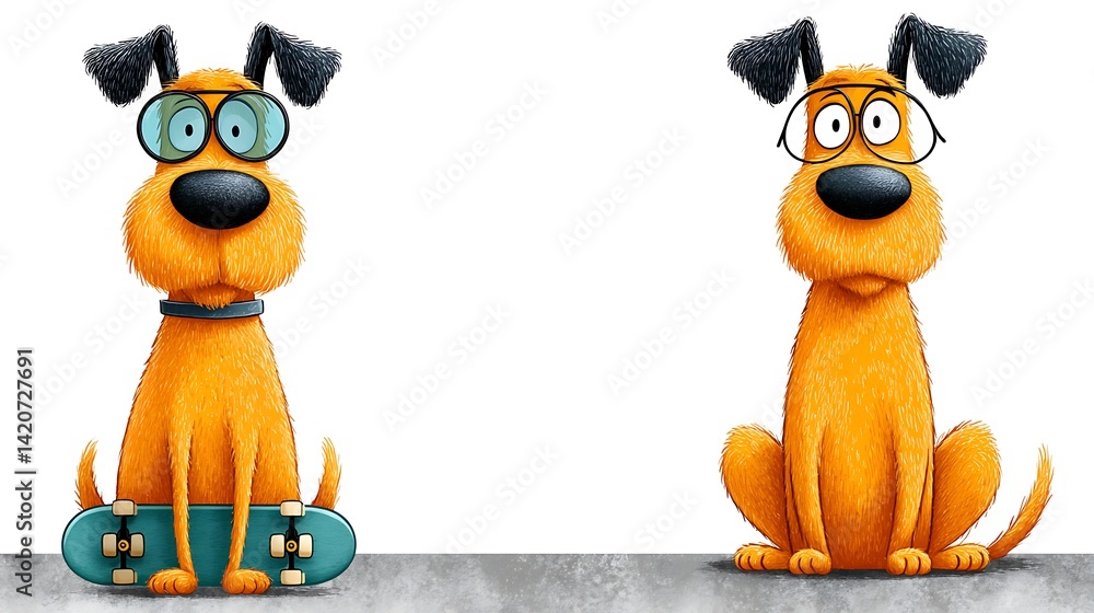 Fototapeta premium Cartoon Dog with Sunglasses on Skateboard in Fun Animated Style