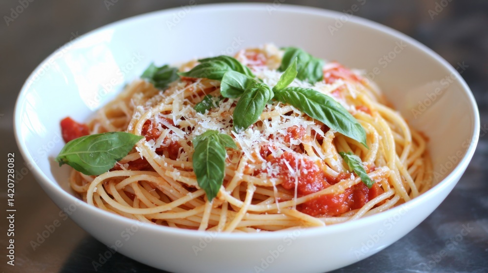 spaghetti with rich tomato sauce, topped with freshly grated parmesan and fresh basil, served in a white bowl spaghetti with rich tomato sauce, topped with freshly grated parmesan and fresh basil, served in a white bowl