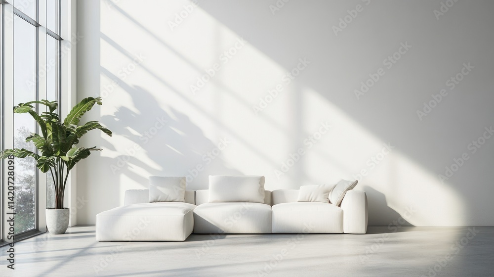 Modern, minimalist, bright living room with large windows and a white sectional sofa. Sunlight streams into the space, casting soft shadows on the wall. Modern, minimalist, bright living room with large windows and a white sectional sofa. Sunlight streams into the space, casting soft shadows on the wall.