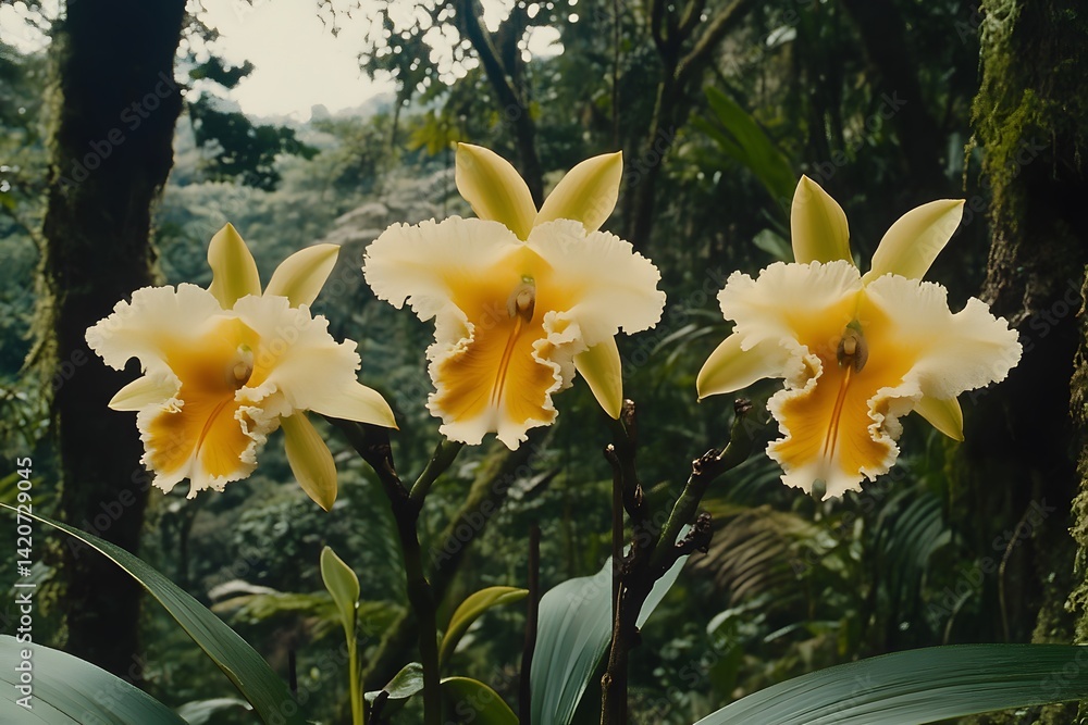 Obraz premium Three Yellow Orchids Blooming in Lush Rainforest