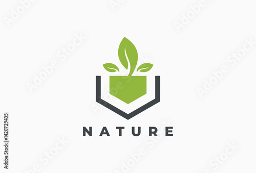 hexagon pot plant green leaf logo design