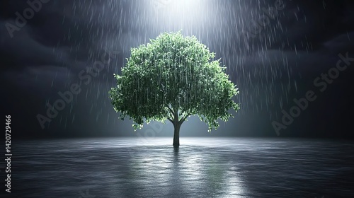 A lone tree stands resilient under heavy rain in an empty lot, reflections shimmering in dramatic light. Solitude and strength amidst nature's force.