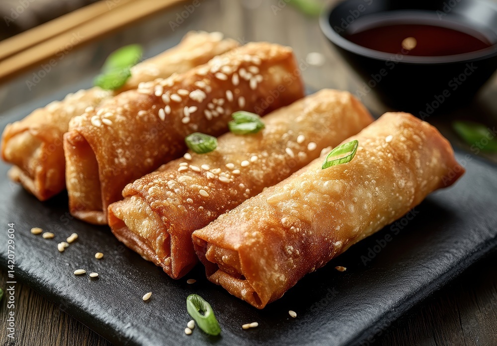Crispy Spring Rolls with Green Onions and Sesame Seeds Served with Sweet Sauce in a Rustic Setting Crispy Spring Rolls with Green Onions and Sesame Seeds Served with Sweet Sauce in a Rustic Setting