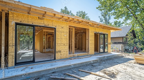 A new house under construction, featuring freshly installed doors and windows, showcasing the early stages of building with a sense of progress and potential