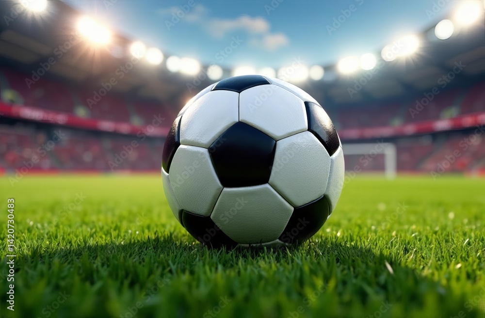 Fototapeta premium Close-up of a soccer ball on a soccer field. a green lawn. Blurred background: arenas, soccer goals