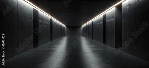 Dark Minimalist Corridor with Fluorescent Ceiling Lights  Simple Architectural Design  Sleek Modern Aesthetics  Futuristic Interior Space  Abstract 3D Environment