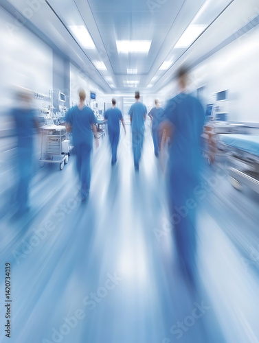 Blurry image of medical personnel in blue scrubs walking urgently down a bright hospital corridor with beds and equipment.