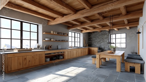 Wallpaper Mural Rustic Farmhouse Kitchen Interior with Wooden Beams and Stone Wall Torontodigital.ca