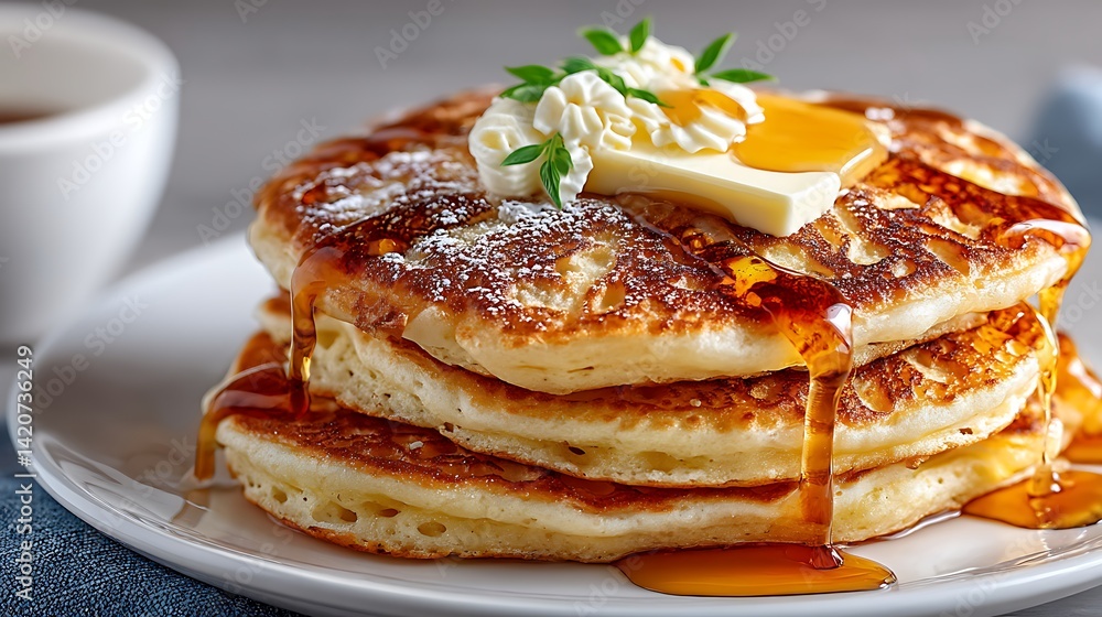Fluffy American Pancakes with Maple Syrup and Butter on a Plate Fluffy American Pancakes with Maple Syrup and Butter on a Plate
