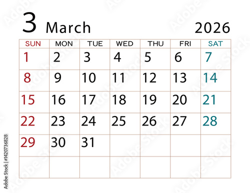 2026年カレンダー　3月(2)