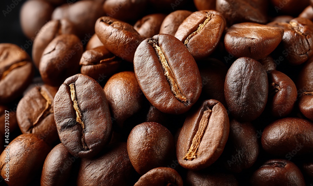Naklejka premium Roasted coffee beans close-up, stacked and piled up