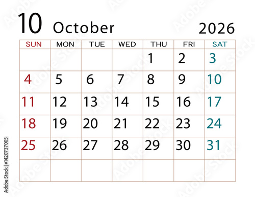 2026年カレンダー　10月(2)