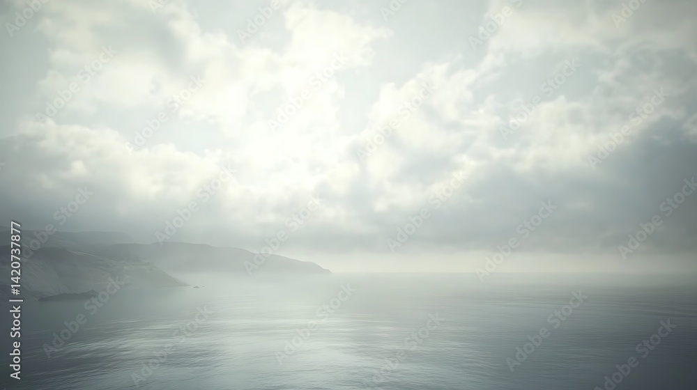 Obraz premium Serene coastal landscape with soft clouds and calm waters.