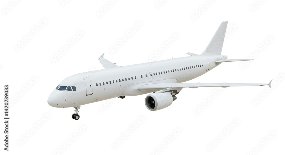 3D commercial airplane in flight isolated on white background, perfect for air travel services, aviation branding, vacation promotions, and airline industry digital content or travel apps 3D commercial airplane in flight isolated on white background, perfect for air travel services, aviation branding, vacation promotions, and airline industry digital content or travel apps