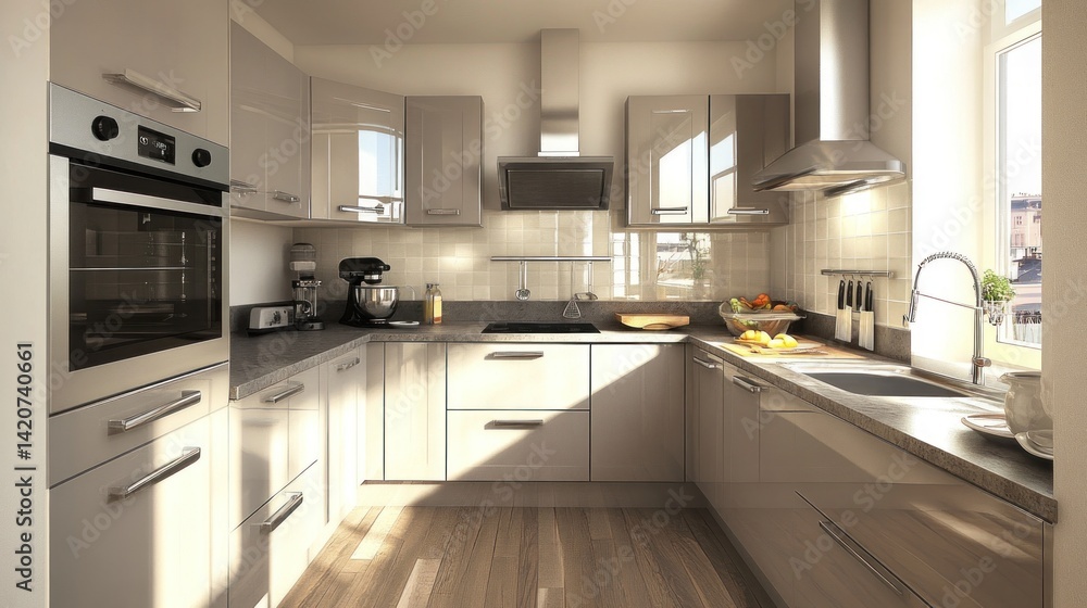 Fototapeta premium Modern, minimalist light beige corner kitchen design.