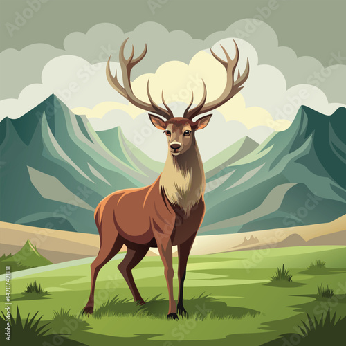 A magnificent stag with impressive antlers stands alert in a grassy field under an overcast sky.
