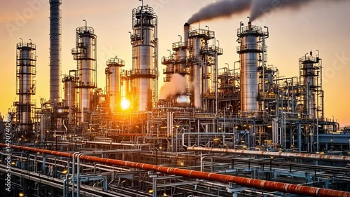 Wallpaper Mural Industrial pipelines compose complex refinery plant at sunset Torontodigital.ca