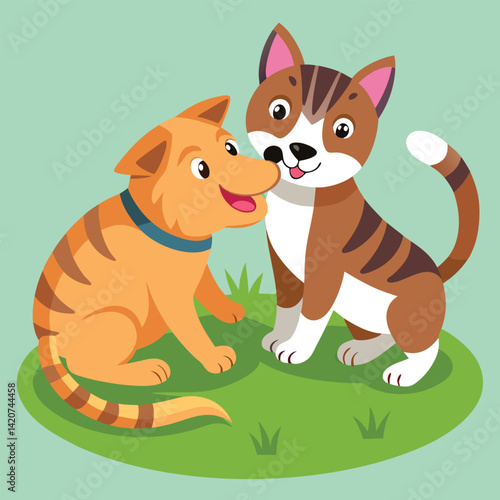 A playful tabby kitten and a dog with its mouth open engage in a friendly tussle on a patch of green grass.
